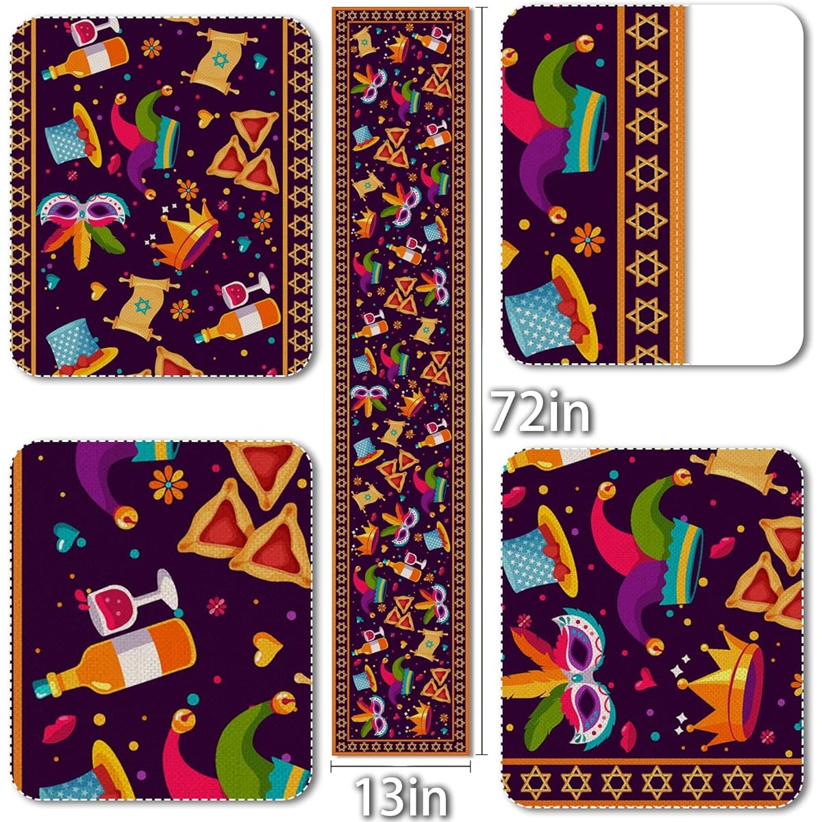 Vohado Purim Table Runner Jewish Holiday Carnival Party Circus Clown Table Cover Hamantaschen Hat Mask Glagger Tablecloth Rustic Linen Indoor Outdoor Holiday Party Table Decor