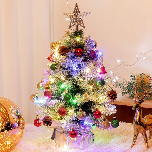 XmasExp 20" Tabletop Mini Christmas Tree Set with 2 LED Lights, Star Tree, Ornament Balls, Bells and Pine Cones, Best DIY Christmas Decorations, Silver