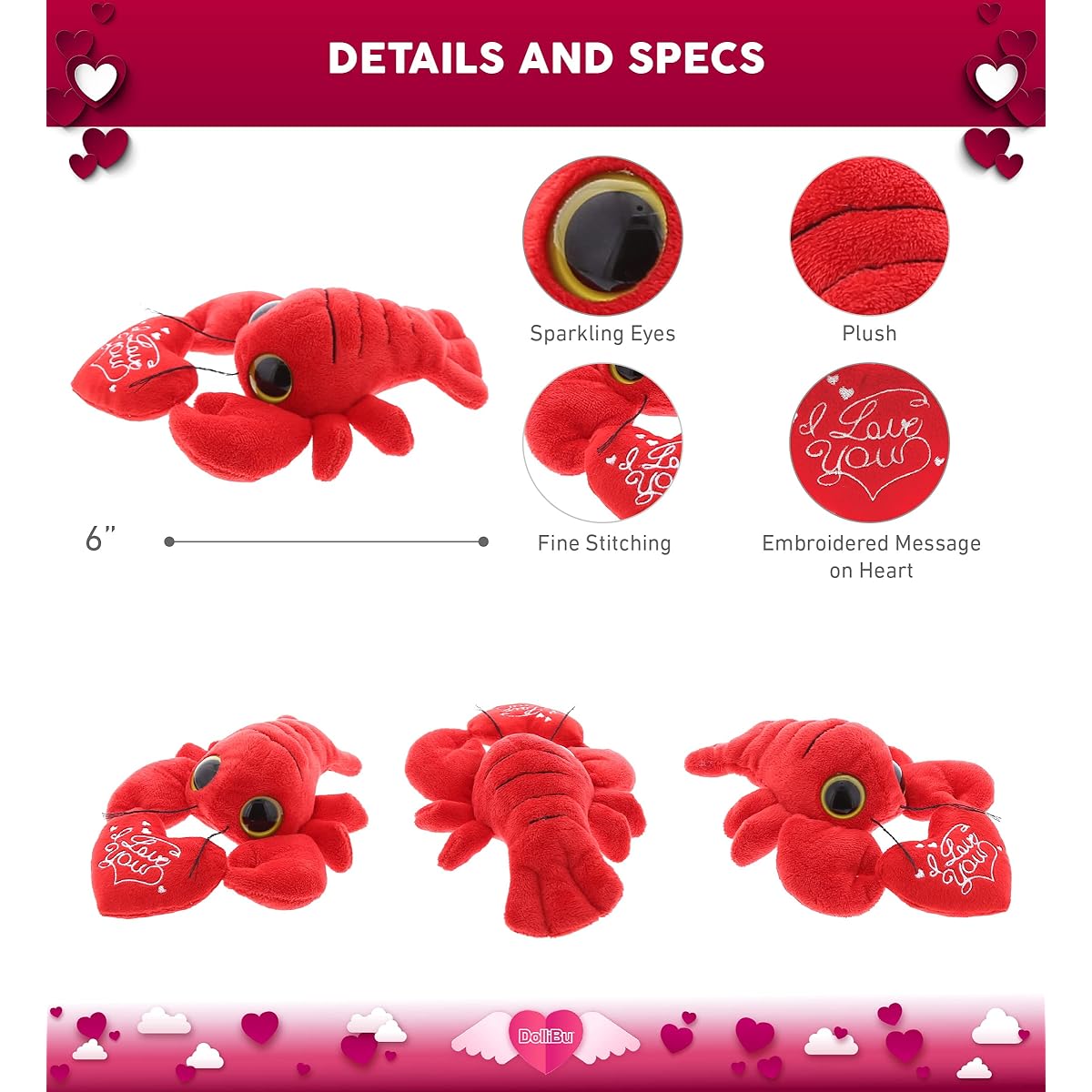 DolliBu I Love You Valentine Plush Big Eyes Red Lobster - Cute Soft Huggable Stuffed Animal with Red Heart for Valentine's Day, Birthday Gift, Anniversary, Romantic Date - 6 Inch