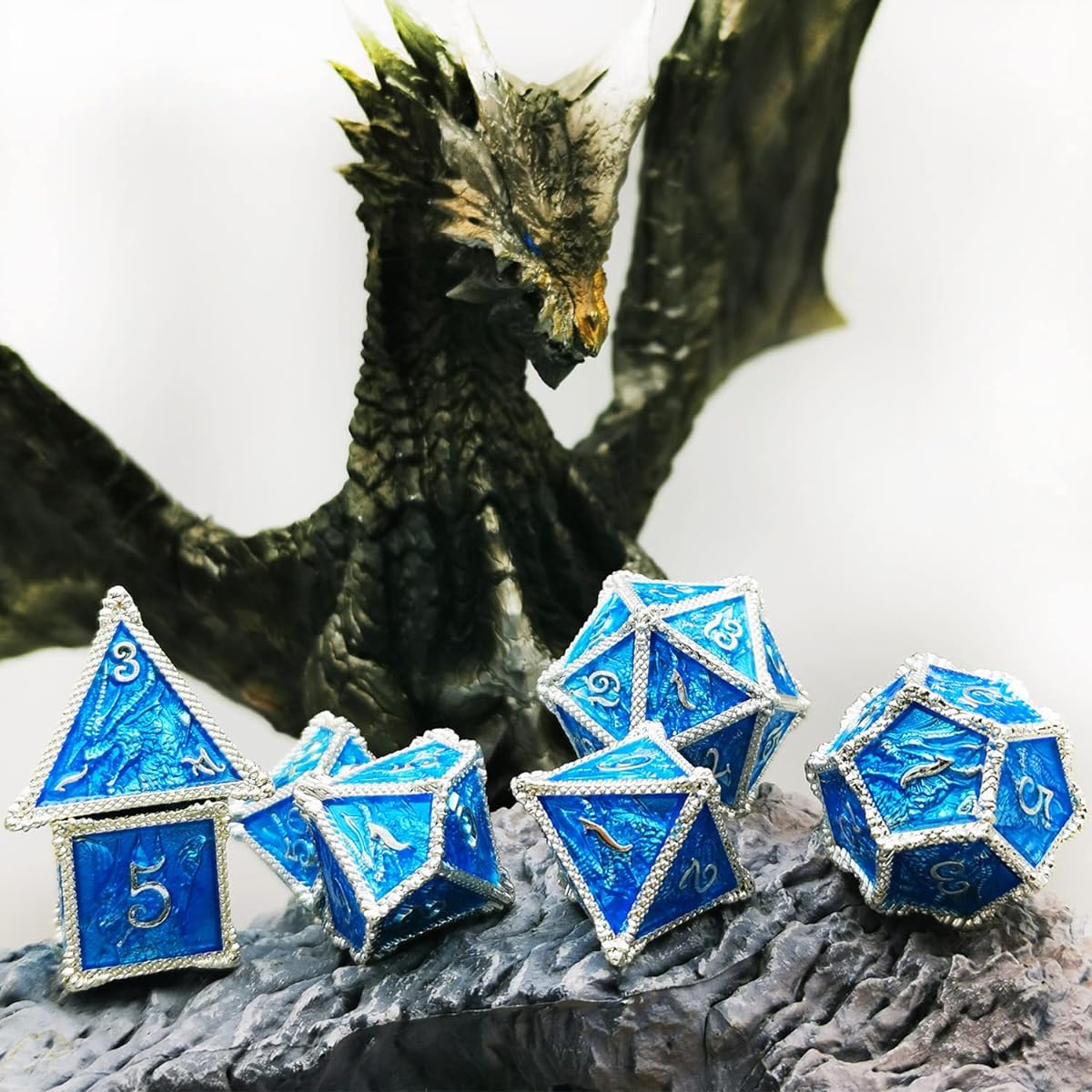 HAOMEJA Metal Dragon Dice Set DND 7 Piece Role Playing Dice D&D Dungeons & Dragons (Silver Blue)