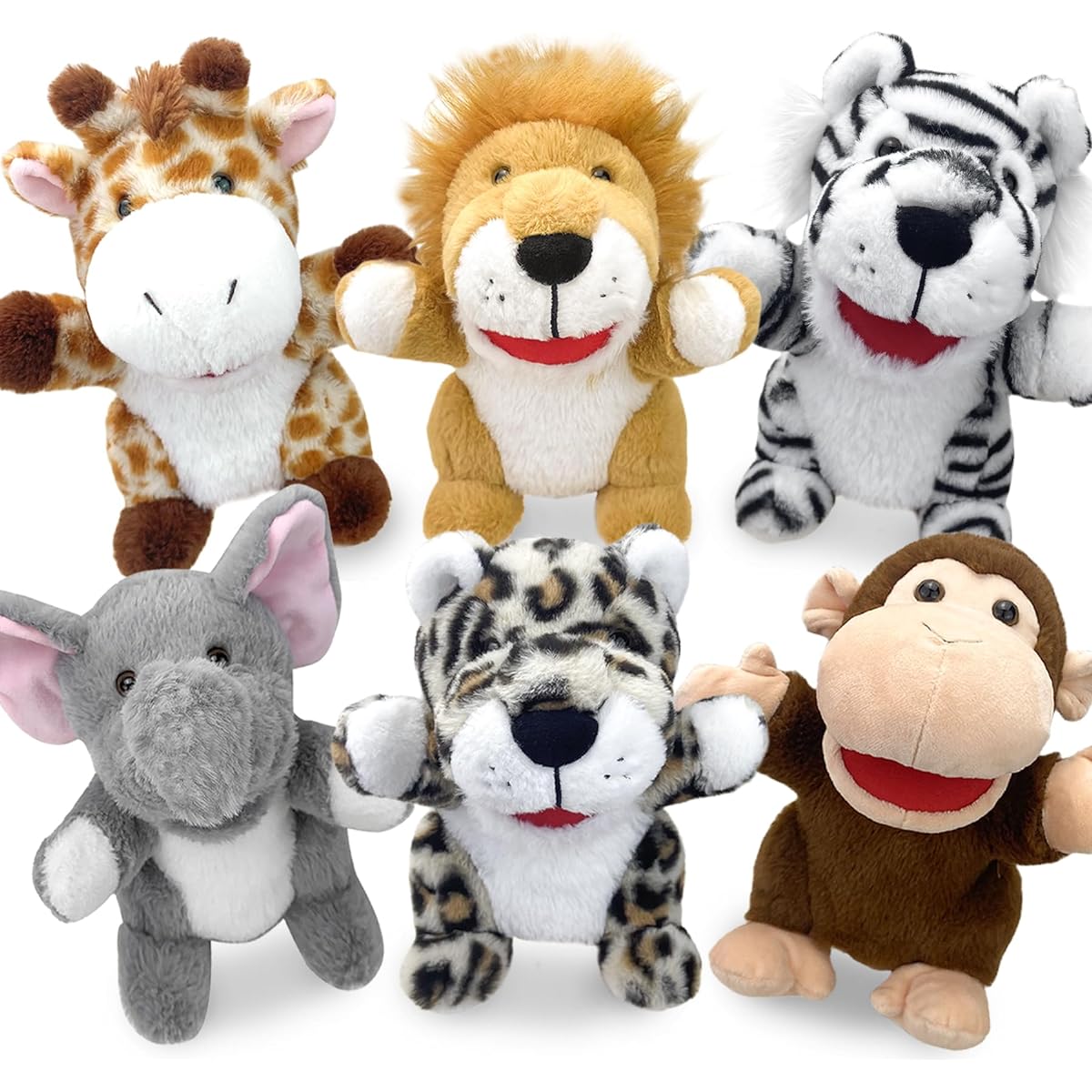JUSTQUNSEEN Hand Puppets Animal Puppets 6 Pieces 10 Inch Puppets for Kids Stuffed Animals Jungle Animal Puppet Set Multicolor Movable Mouth Puppets for Storytelling (Elephant, Ion, Monkey, Leopard, Giraffe, Zebra)