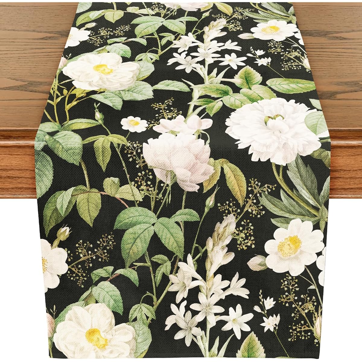 WRAPAHOLIC Linen Table Runner - 13" x 72" - Holiday Kitchen Dining Table Decoration for Home Parties and Weddings - Black Flowers