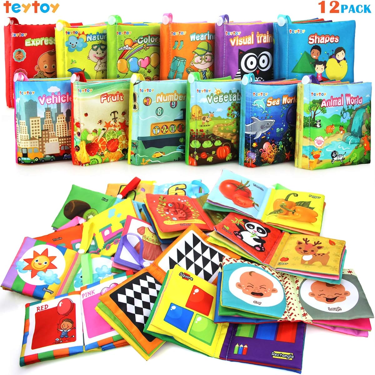 My First Soft Book TEYTOY Non-Toxic Fabric Baby Cloth Activity Crinkle Soft Book for Infant Boys Girls Early Education Toys Baby Shower Gifts (12 Pack)
