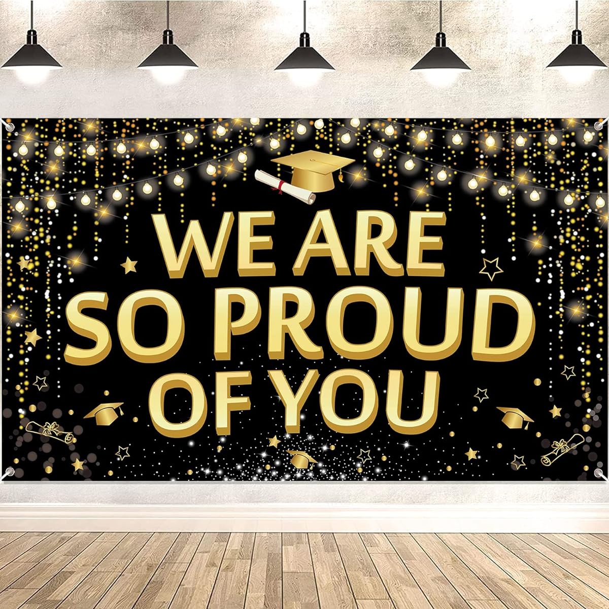 Graduation Decorations Black Gold L We Are So Proud Of You Banner 2023 Graduation Backdrop Banner Indoor Outdoor Graduation Wall Room Decor