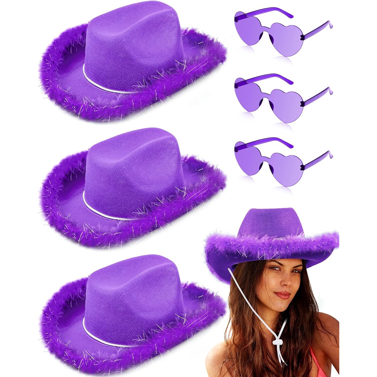 Cowboy Hat Boa Cowgirl Hat with Heart Sunglasses Boa Cowboy Hat for Women Girls Western Party Costume 6 Pieces