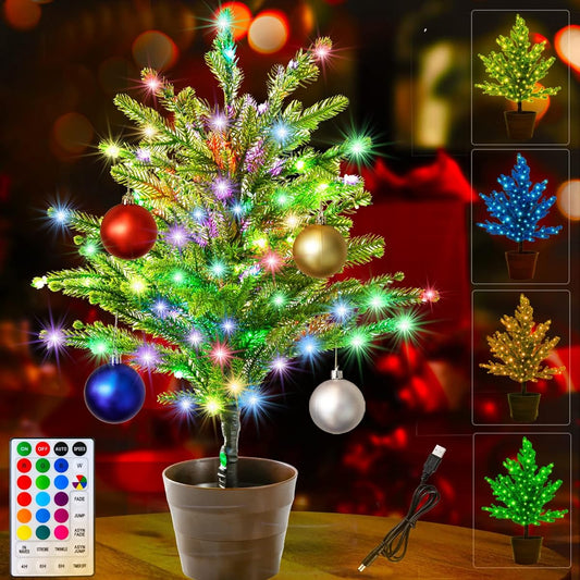 Tabletop Christmas Tree with Color Changing Lights RGB Mini Christmas Tree with Remote Control 90 LED Colorful Lights Artificial Small LED Tree in Pot with Hanging Balls for Home Party Christmas Decoration