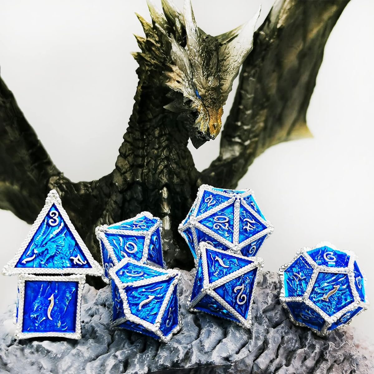 MJDICEOK Dragon Metal Dice Set DND 7 Set Dice Role Playing Dice D&D Dungeons & Dragons (Silver Blue)
