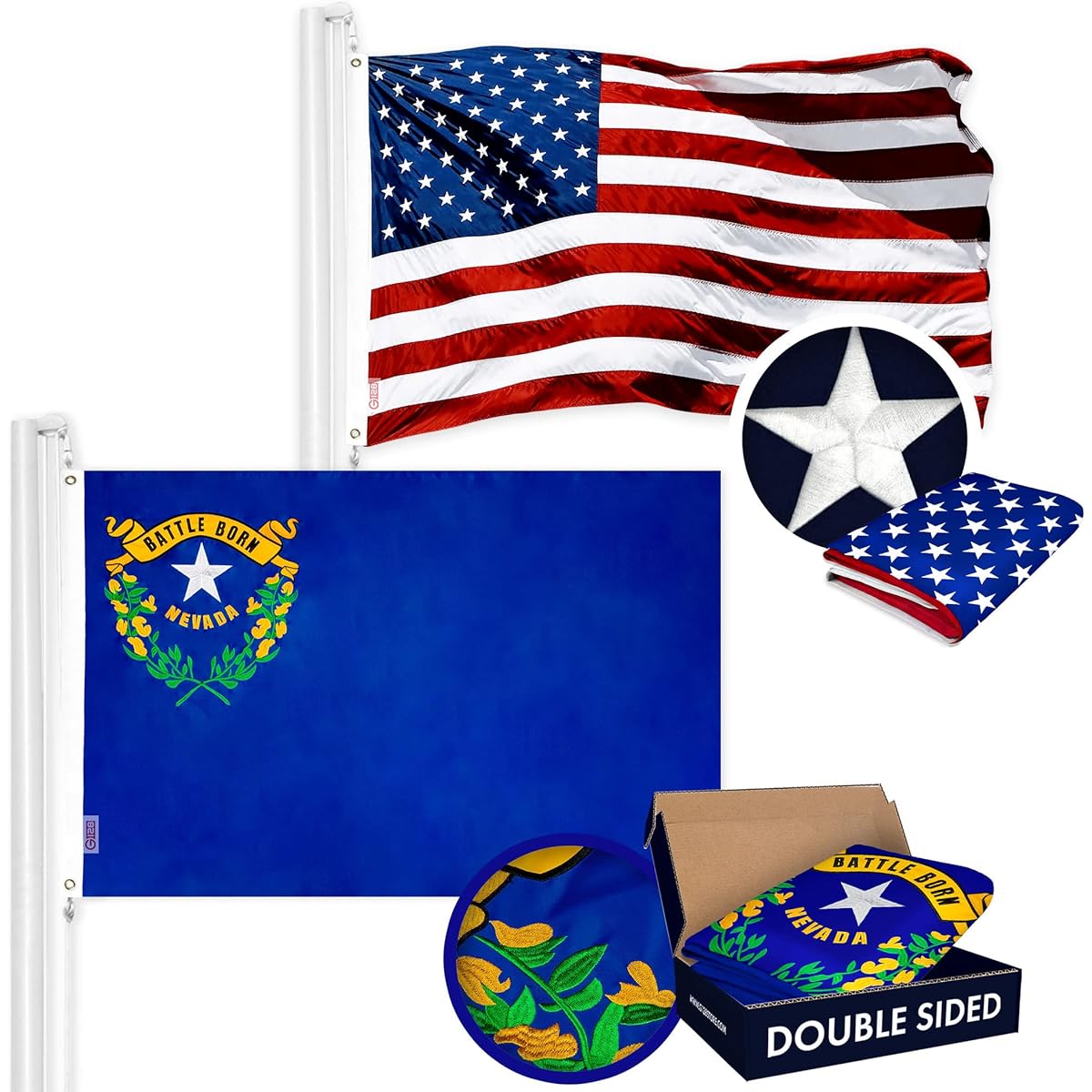 G128 Combo Pack: American Flag 3x5ft with Stars and Nevada State Flag Embroidered 3x5ft Embroidered Double Sided 2 Layers