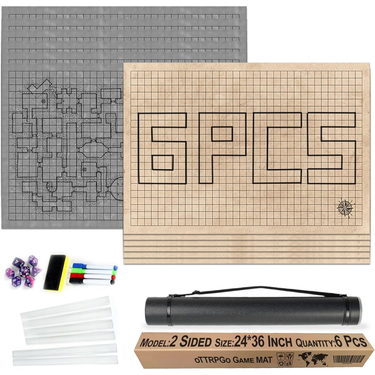 DND Maps - 6 Pack 24x36 - Battle Grid Mat - Double Sided - Stores Flat for Easy Use - Includes Dry Erase Markers, Erasers, Dice, Clips - Dungeons and Dragons Starter Set