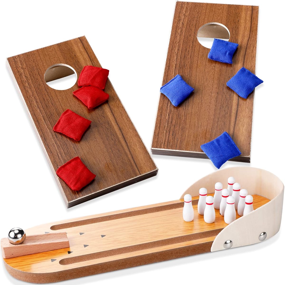 Jexine Tabletop Mini Bowling Game Set and 2 Sets Cornhole Set Wooden Bowling Game Desk Toy Portable Mini Desktop Cornhole Fun Desktop Game Desk Gift for Adults Kids Teens