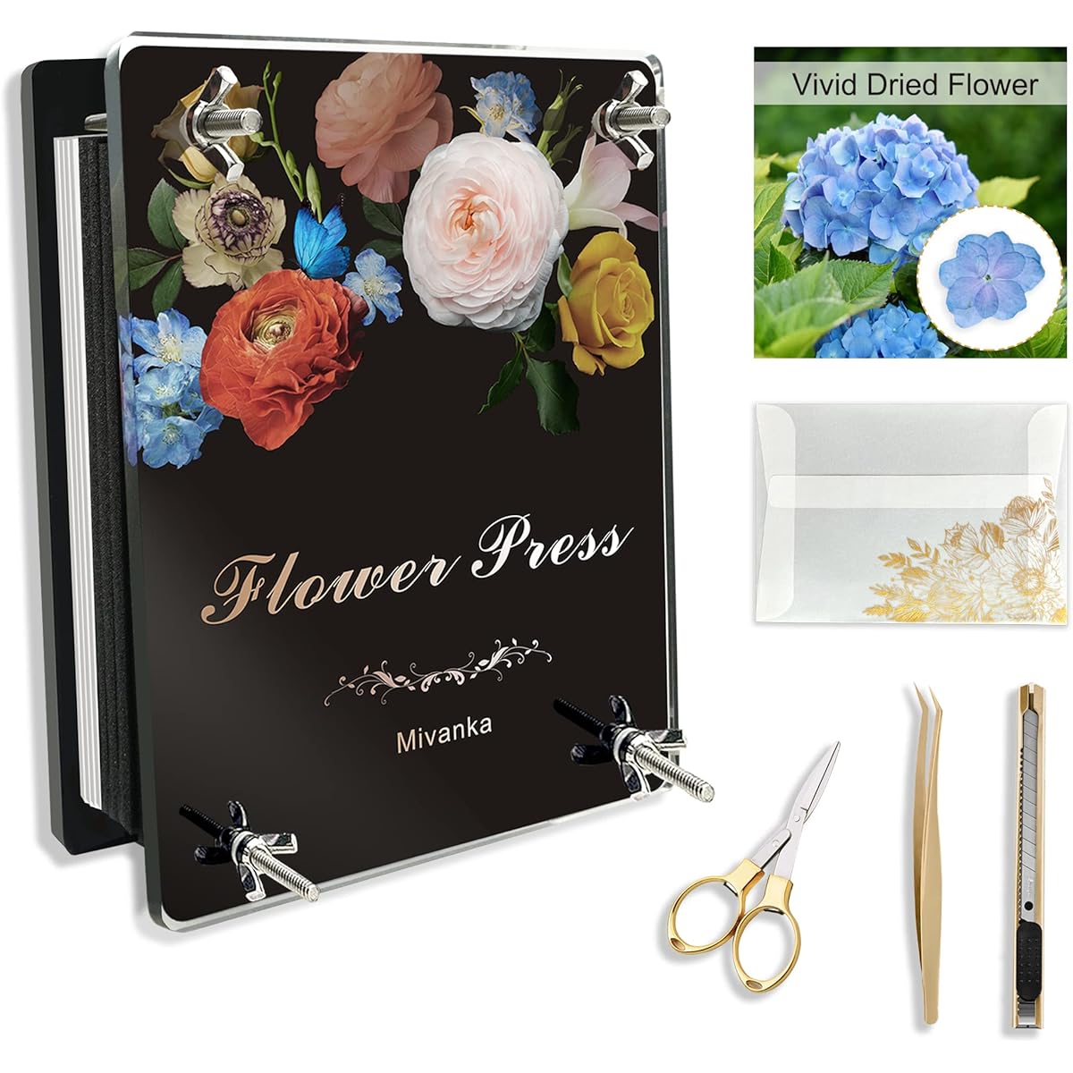 Mivanka Flower Press Kit, DIY Craft Kit, Pressed Flower Making for Kids and Adults, Durable Material, Acrylic Pressing Plate, Exquisite Accessories, 1 Pack Gift Box (7"x9.5"x0.3")