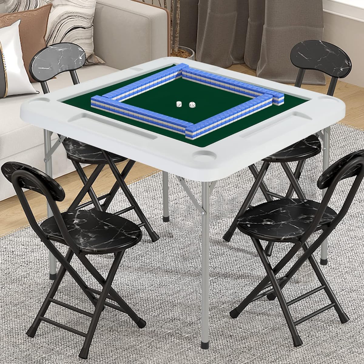 PEXMOR 35" Folding Mahjong Table Portable Poker Domino Card Game Table for 4 Players with Cup Holder and Chip Groove Foldable Square Table Blackjack Texas Hold'em Jigsaw Puzzle Board Game