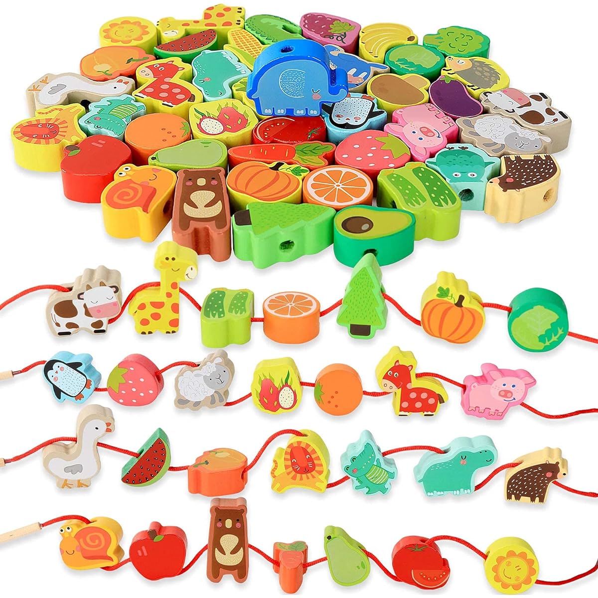 BMTOYS Montessori Educational Threading Toys Wooden String Farm Animals Fruits Lace Beads Preschool Toys for Toddlers 3 4 5 Years Old Boys Girls