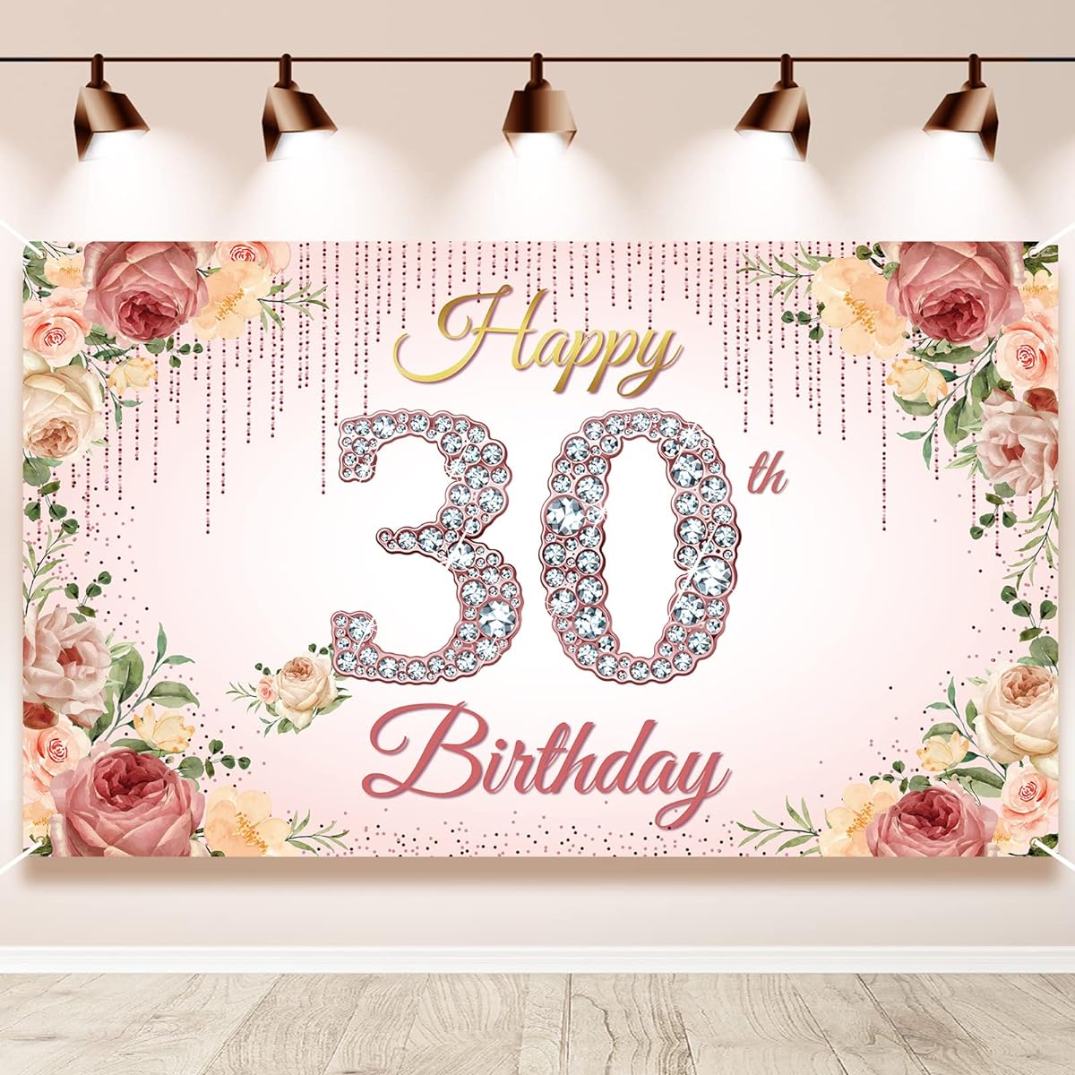 HTDZZI 30th Birthday Decorations for Women Rose Gold Happy 30th Birthday Banner Backdrop Pink Floral 30th Birthday Party Yard Sign Photo Booth Props Poster Backdrop Decor Fabric 6' x 3.6'