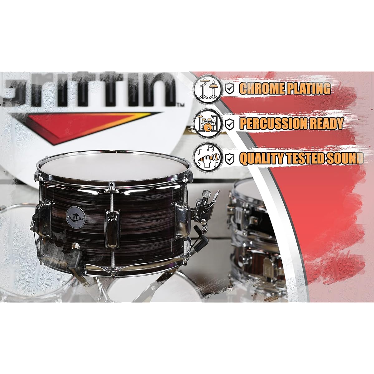GRIFFIN Popcorn Snare Drum | Firecracker Acoustic 10" x 6" Poplar Shell Zebrawood PVC | Soprano Mini Concert Marching Percussion Instrument Snare Throw Off Drummer Key & Head