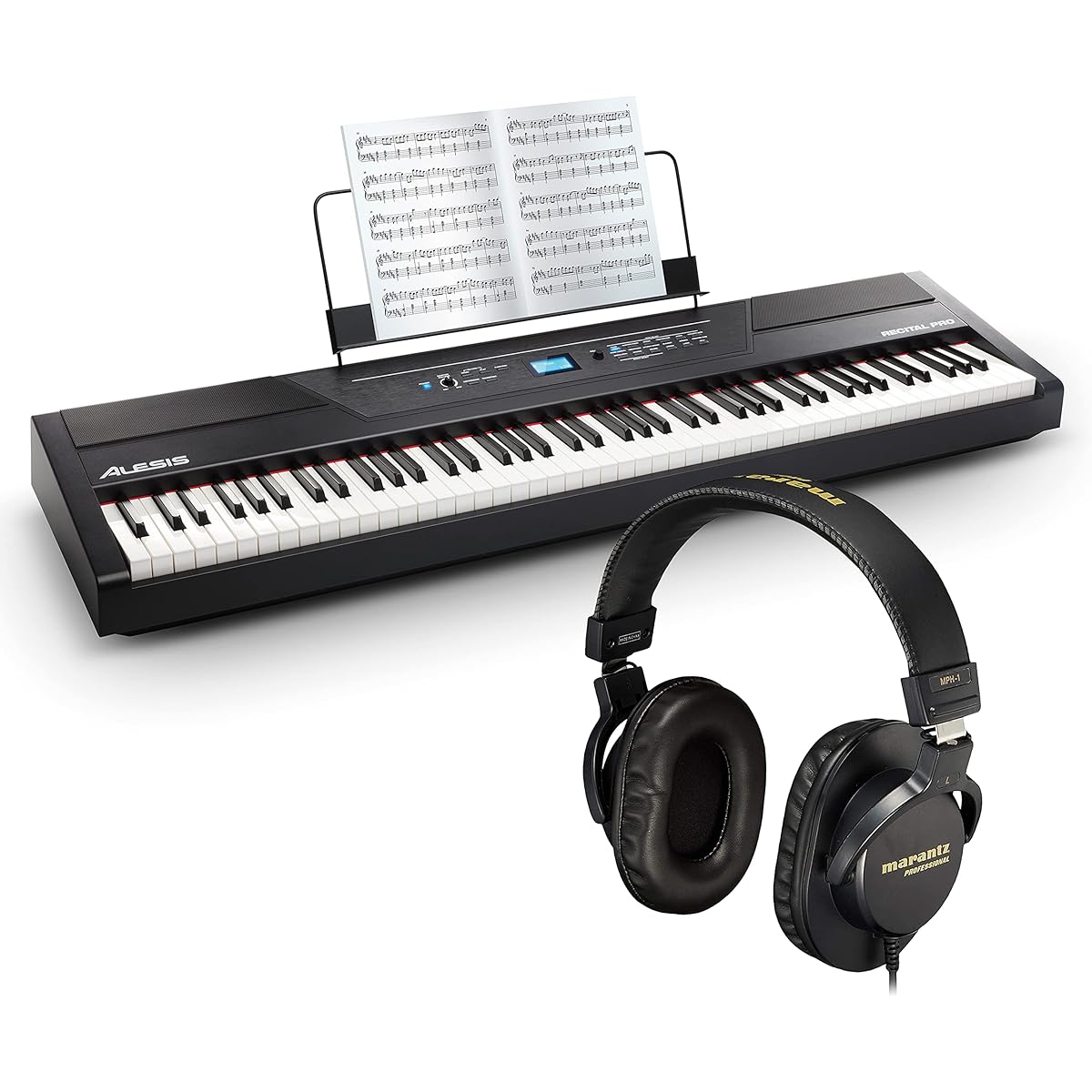 Alesis 88-key digital piano with weighted hammer action keyboard and Marantz Pro closed-type monitor headphones with 40mm drivers Recital Pro & MPH-1 set