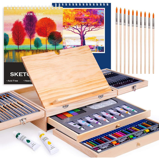 Paint Set 85 Pieces Deluxe Wooden Art Set Craft Drawing Kit with Easel and 2 Drawing Pads Creative Gift Box for Teens Adults Beginner Artists Art Kit Art Supplies