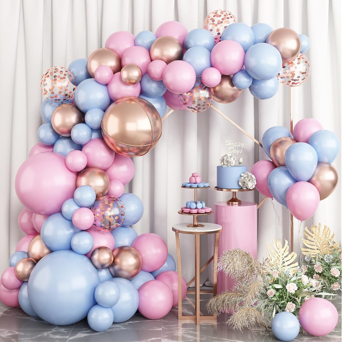 Blue Pink Balloon Arch Kit, Gender Reveal Balloon Arch Garland, Baby Pink Blue Latex Balloons, 4D Foil, Metallic Rose Gold Confetti Balloons for Boy/Girl/Baby Shower/Birthday/Wedding Decorations