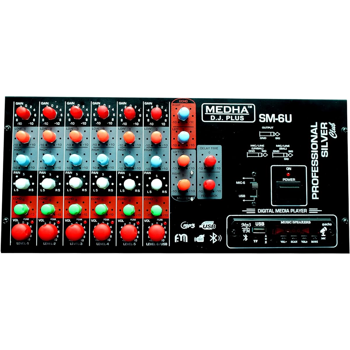 MEDHA D.J.PLUS Professional SM-6U 6 Channel Stereo Echo Mixer with Digital Media Player
