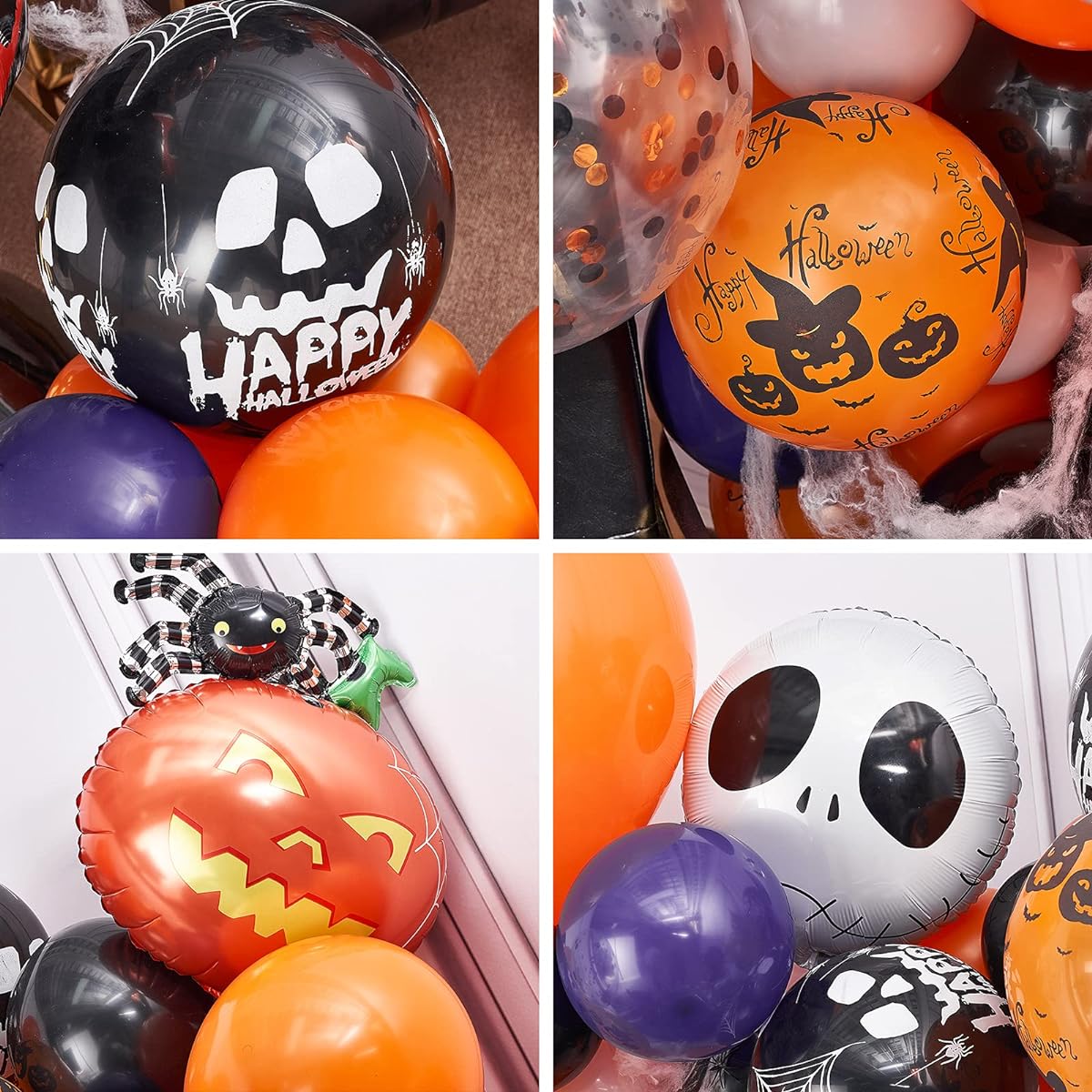 PartyWoo 100pcs Halloween Balloons Halloween Party Decorations Bat Decoration Skeleton Balloon Pumpkin Balloon Spider Web Orange and Black Balloons for Birthday Party Indoor
