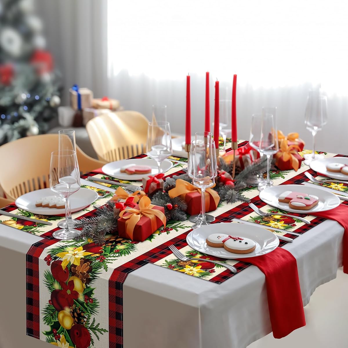 BARTHKIT Red and Black Buffalo Check Plaid Christmas Table Runner Christmas Ball Holly Table Runner 72 Inch Seasonal Winter Holiday Farmhouse Table Decoration Party Kitchen Dining Table Home Decoration