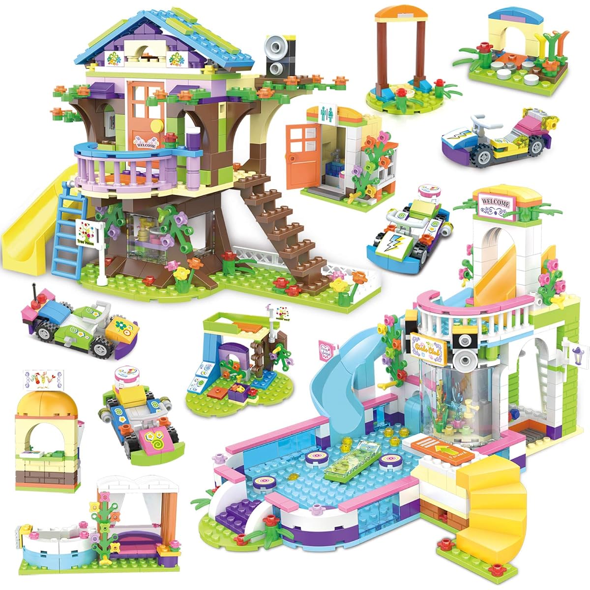 Treehouse Building Blocks Treehouse Pool Party Creative Building Toy Set for Kids 1274 Pieces Learning Role Play Festival Birthday Gift with Storage Box Mini Dolls Toy Juice Bar and Wave Machine