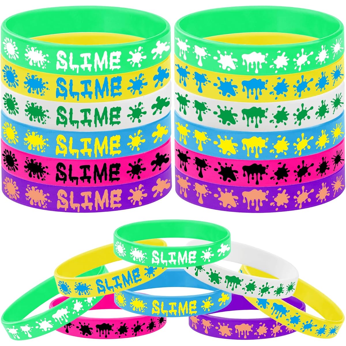 24pcs Rainbow Slime Theme Rubber Bracelet Silicone Wristband Art Painting Party Supplies Birthday Baby Shower Party Favors