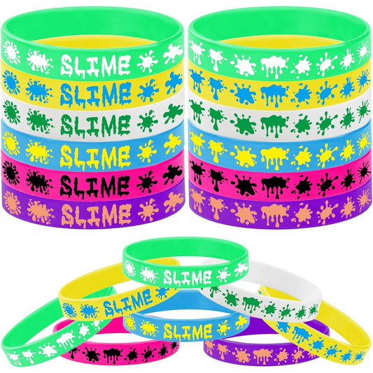 24pcs Rainbow Slime Theme Rubber Bracelet Silicone Wristband Art Painting Party Supplies Birthday Baby Shower Party Favors