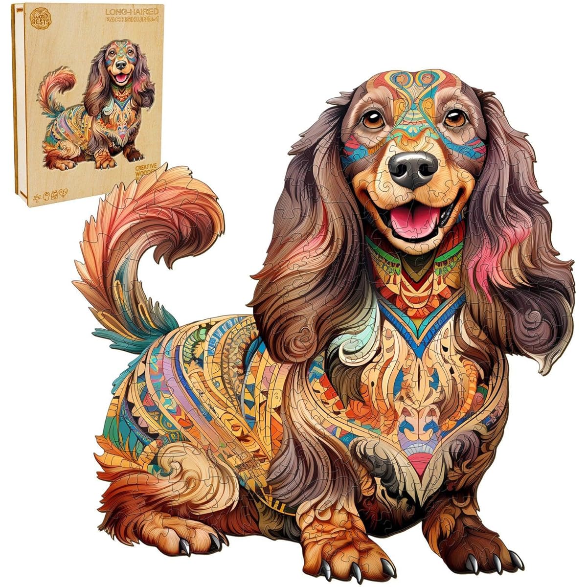 Wooden Jigsaw Puzzle Long Hair Dachshund Puzzle for Adults Unique Dog Shape Advanced Animal Wooden Puzzle Beautiful Wooden Box Birthday Gift for Kids Family Game (Lively Dachshund, M)