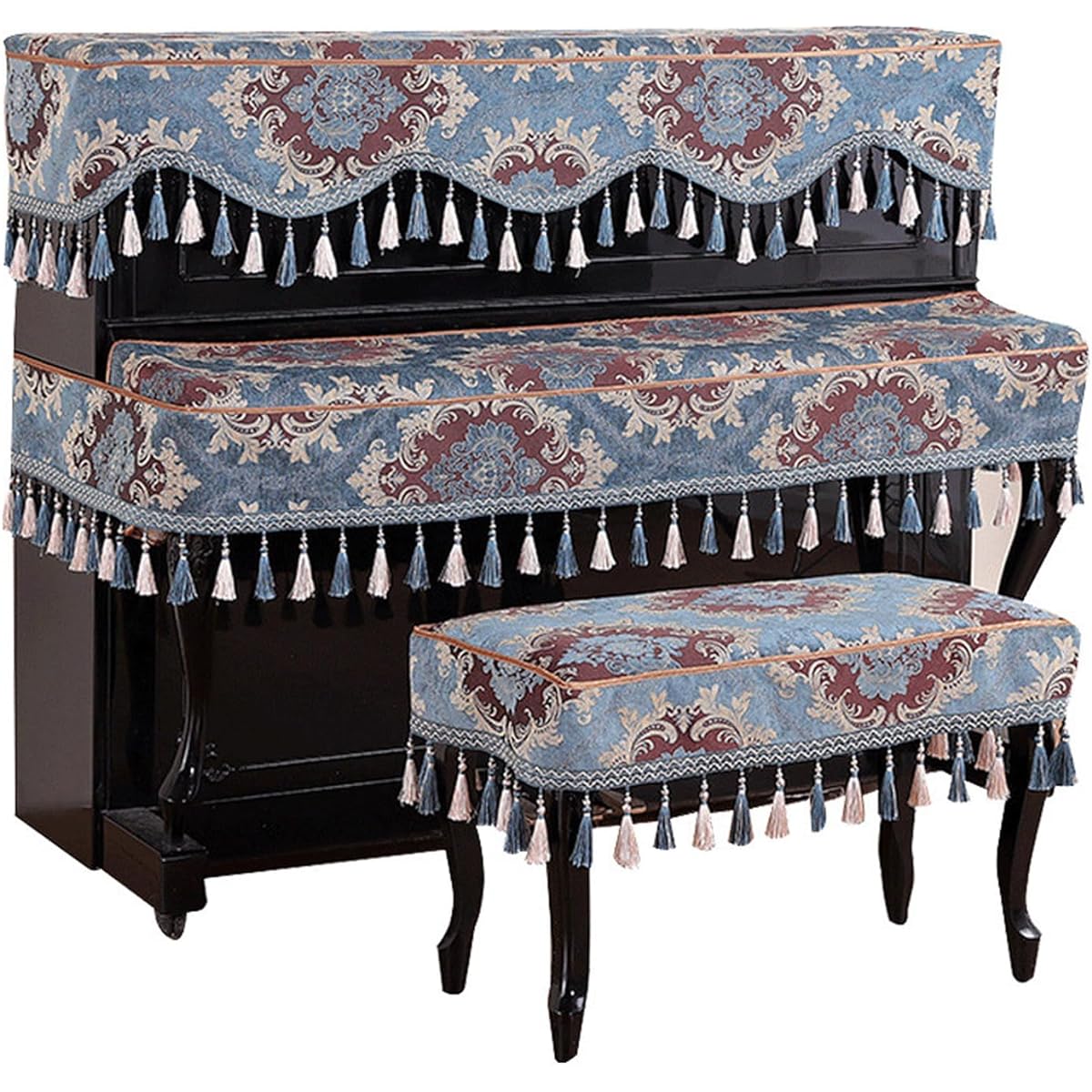 European style piano cover with tassels, single piano stool cover, piano dust cover 3-piece set, soft, non-slip, gift for family, easy to use (Color: B)