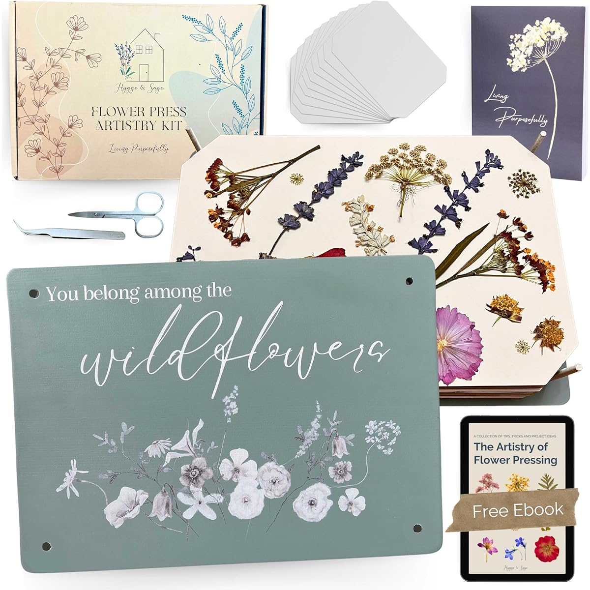 Hygge & Sage Extra Large Flower Press Art Kit | 8" x 11" Wooden Flower Press Kit for Adults with Nature Journal, Extra Blotting Paper, Tools and E-Book