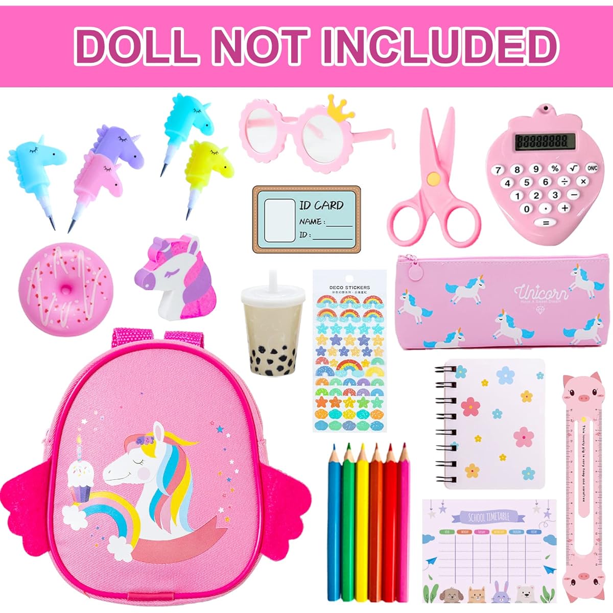 BDDOLL Doll Clothes and Accessories School Supplies Playset for 18" Girl Doll, Includes Doll Clothes, School Bag, Student Card, Glasses, Pencil, Calculator, Scissors, Notebook and More