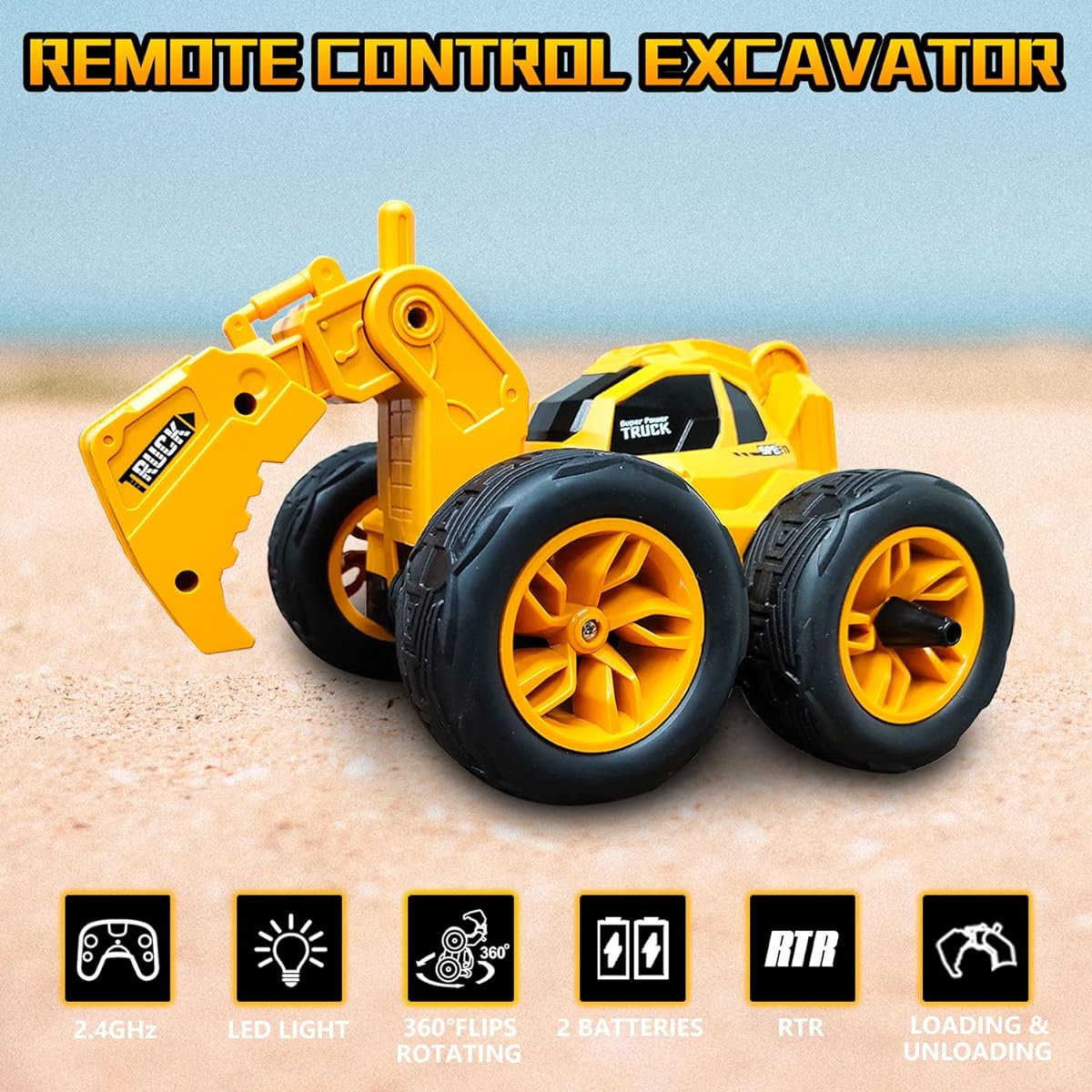 RC Stunt Car for Kids STEMTRON Toy Gift 2.4Ghz Remote Control Excavator 360° Rotation Vehicle Toy Construction Truck 4WD with LED Lights Gift for Boys and Girls