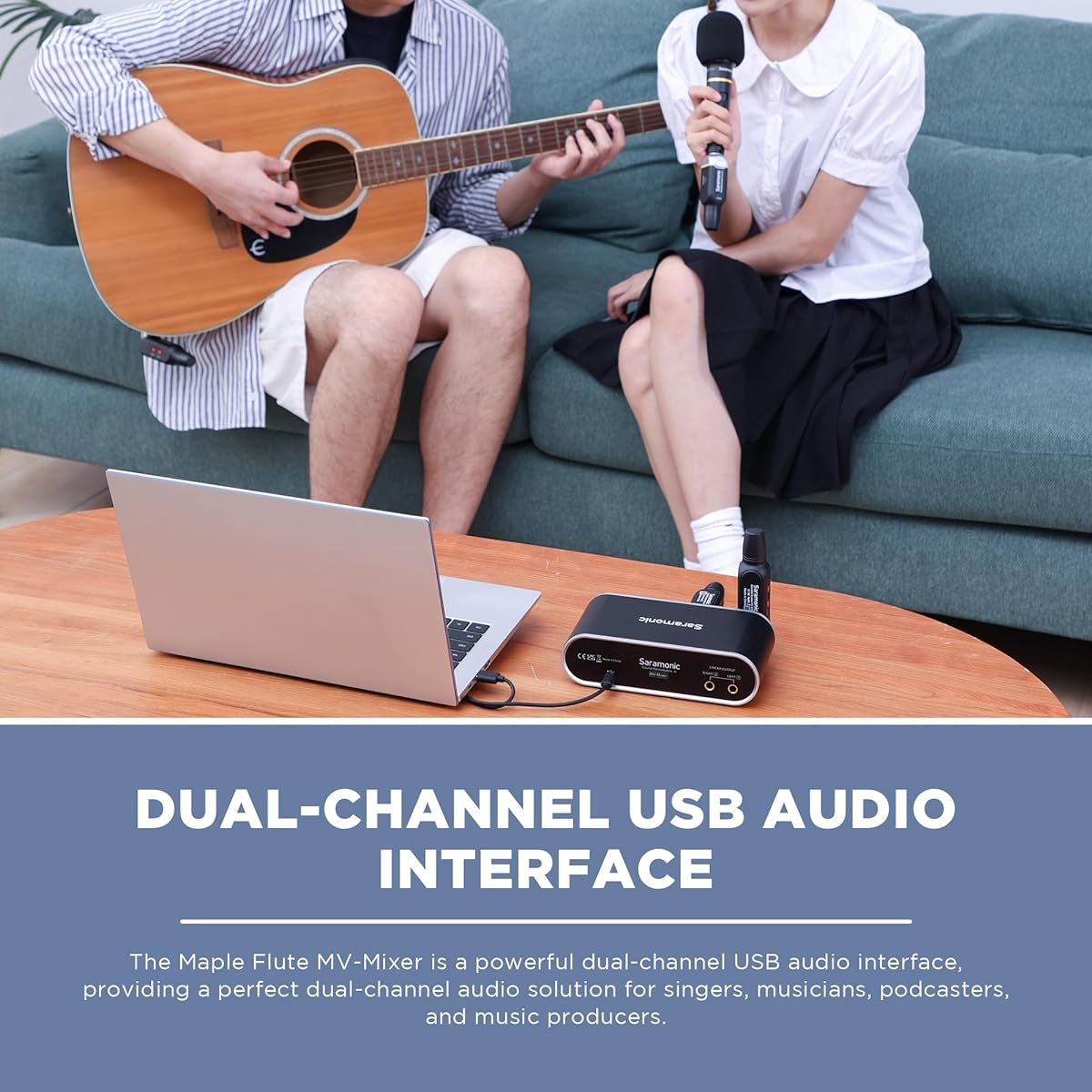 Saramonic MV-Mixer Dual Channel XLR Audio Interface Mixer Mac PC Recording Studio Singer Musician Podcaster Guitar Sound Equipment Real-time Playback Monitoring Music Production Software