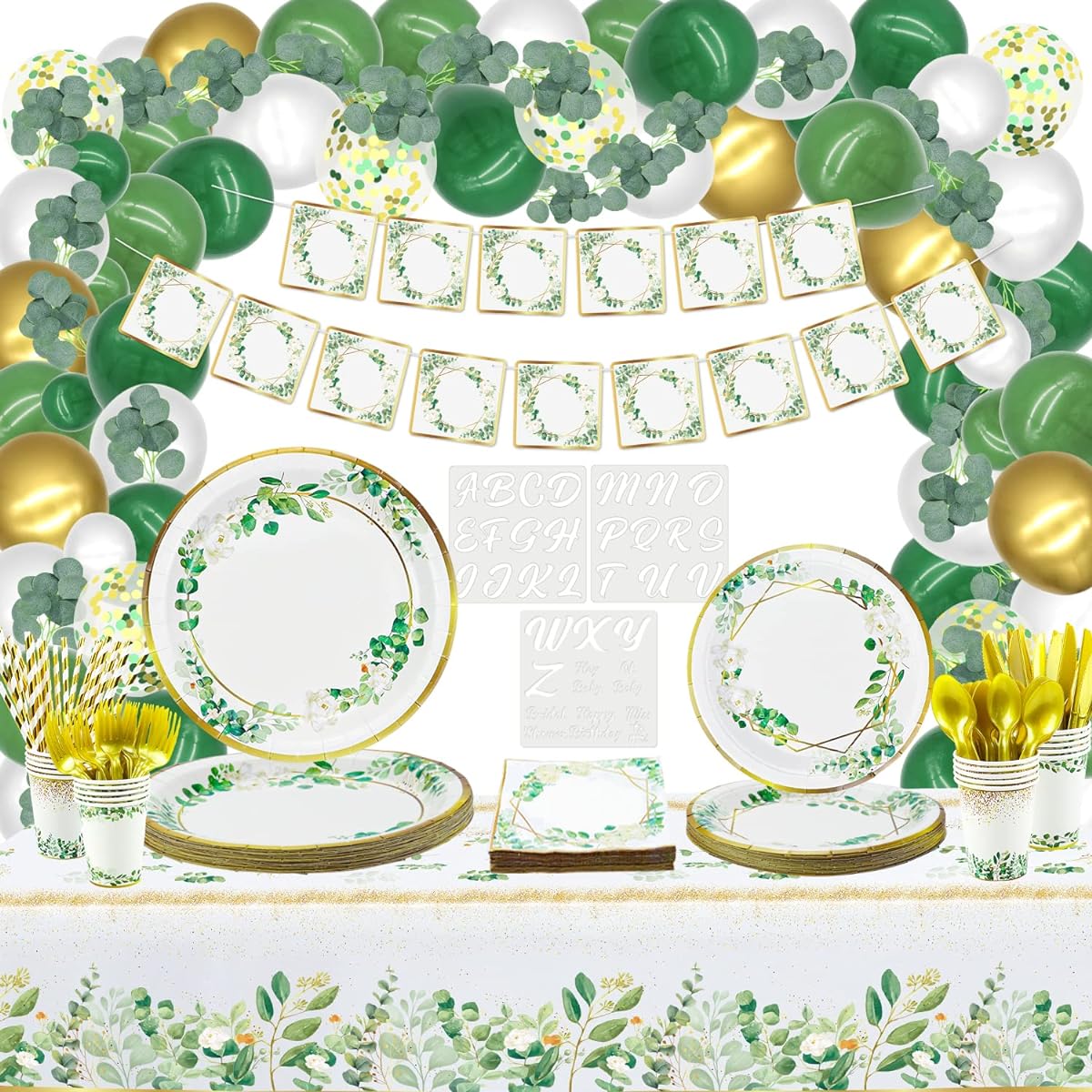 Sage Greenery Party Supplies - Jungle Safari Boho Party Supplies with Eucalyptus Garland, Plates, Cups, Napkins, Tableware, Tablecloth, Banner, Balloons, Letter Stencils and More - Server 20(B)