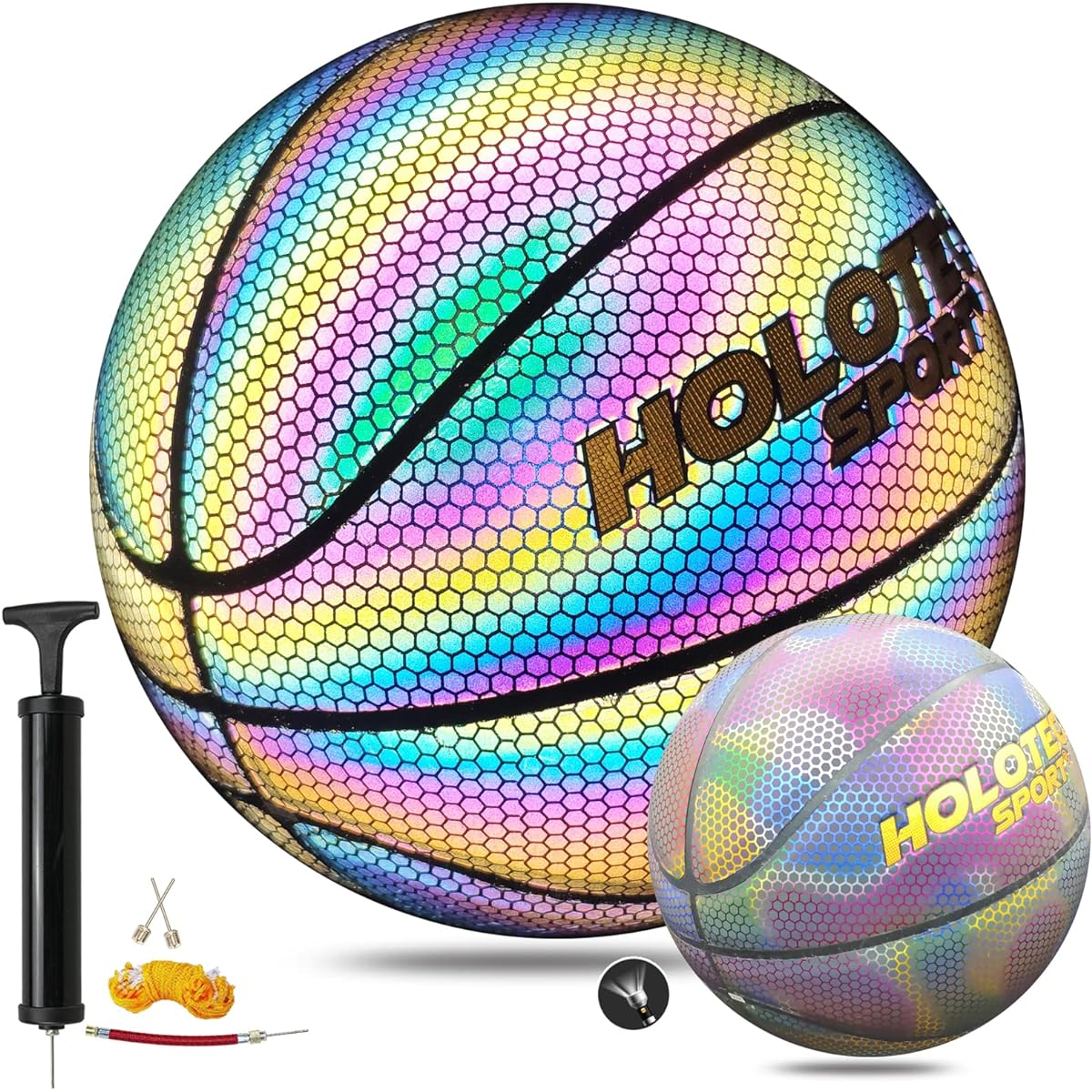 KPASON Basketball Holographic Basketball Size 5 (27.5") & Size 6 (28.5") & Size 7 (29.5") for Kids & Adults Reflective Shiny Composite Leather Basketball Indoor Outdoor Night Basketball Gifts for Boys Girls