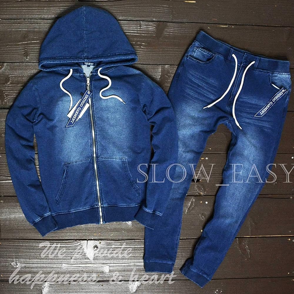 [slow&easy] Cut Denim Setup Zip Parka Jogger Pants《Casual Fashion Sporty Fashion》Top and Bottom Set Cut and Sew Material Sweatshirts
