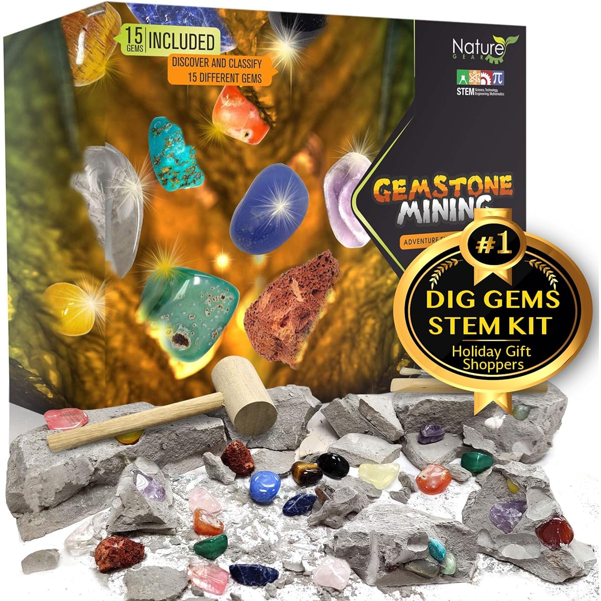 Nature Gear Gem Mining Dig - Discover 15 Precious Gems - Mining Adventure Kit - Science STEM Learning Kids Activity