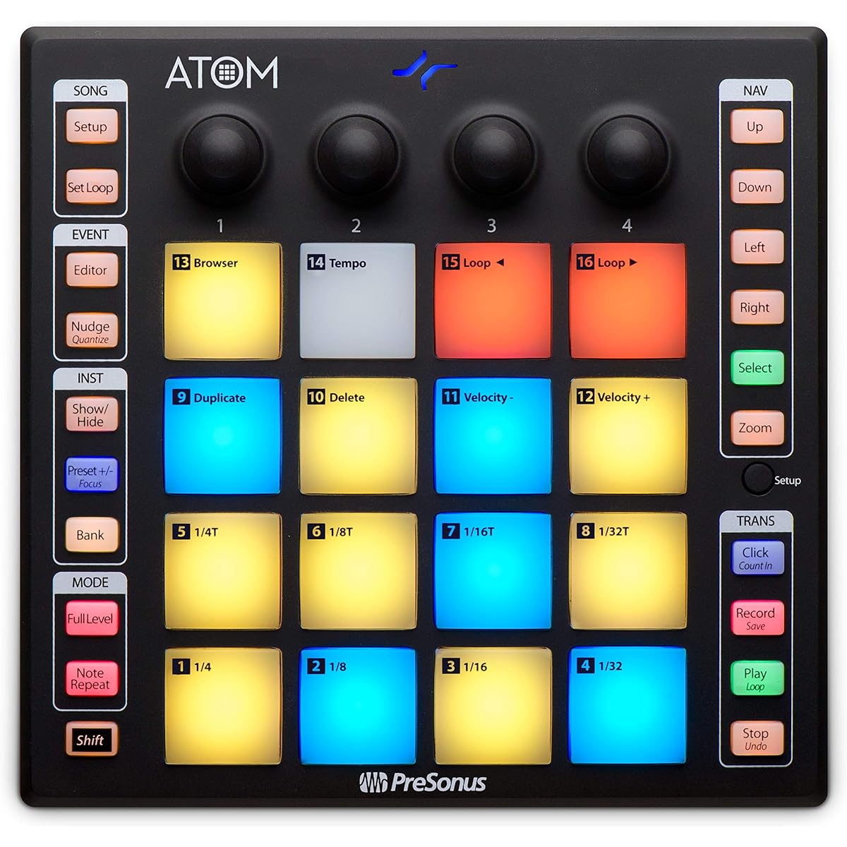 PreSonus ATOM Pad Controller - 16 Full Size Velocity/Pressure Sensitive RGB LED Pads Studio One Artist Bundle