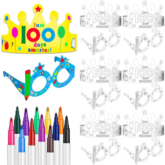 36 Pack 100 Days of School Paper Decoration Kit with 100th Day of School Paper Sunglasses Crown for Kids Classroom Activities Supplies