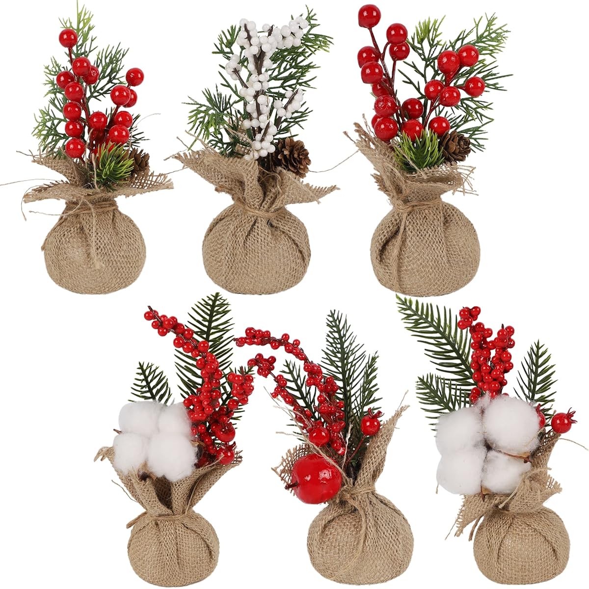 Winemana Mini Christmas Tree Table Decorations, 6pcs 8" Small Artificial Trees with Red Berries, Pine Cones, Greenery, Tabletop Centerpieces for Home Office Room Holiday Decorations