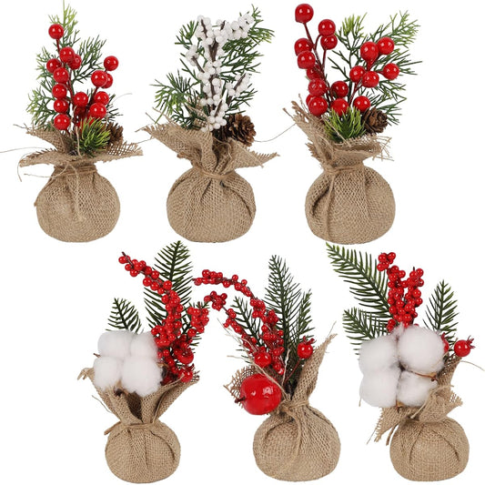 Winemana Mini Christmas Tree Table Decorations, 6pcs 8" Small Artificial Trees with Red Berries, Pine Cones, Greenery, Tabletop Centerpieces for Home Office Room Holiday Decorations