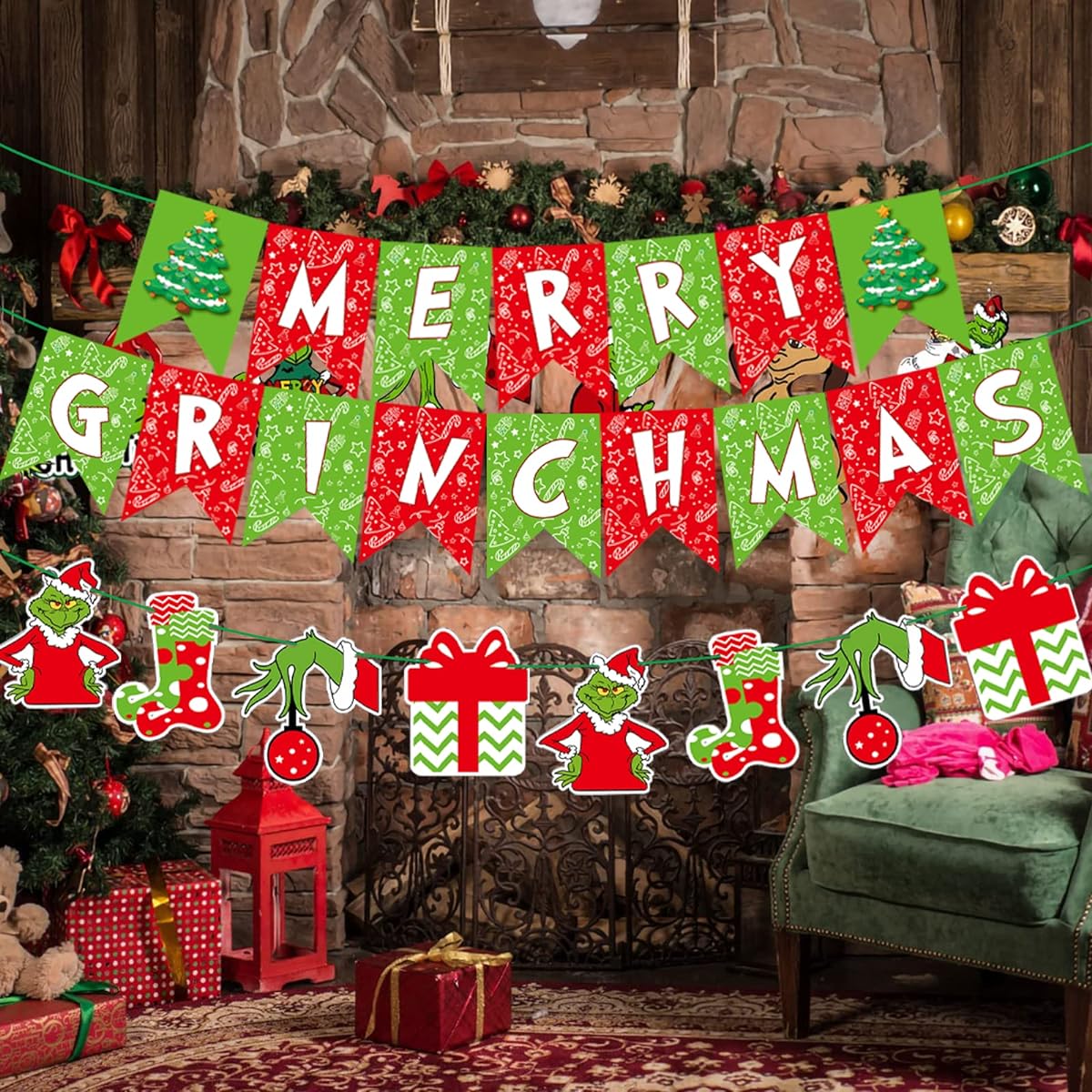 Merry Grinchmax Christmas Banner and Grinch Garland Decorations, Christmas Party Banner Supplies, Christmas Home Office Fireplace Decorations