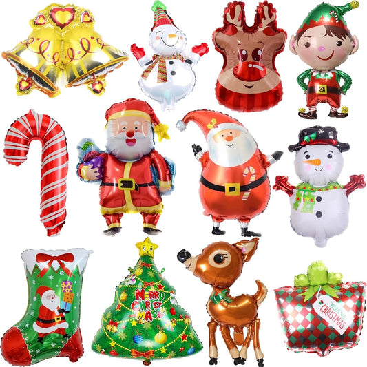 12pcs Christmas Foil Balloons Party Decorations Santa Reindeer Snowman Christmas Tree Balloon Decoration Christmas Winter Theme Birthday Baby Shower Christmas Holiday Party Supplies Decorations