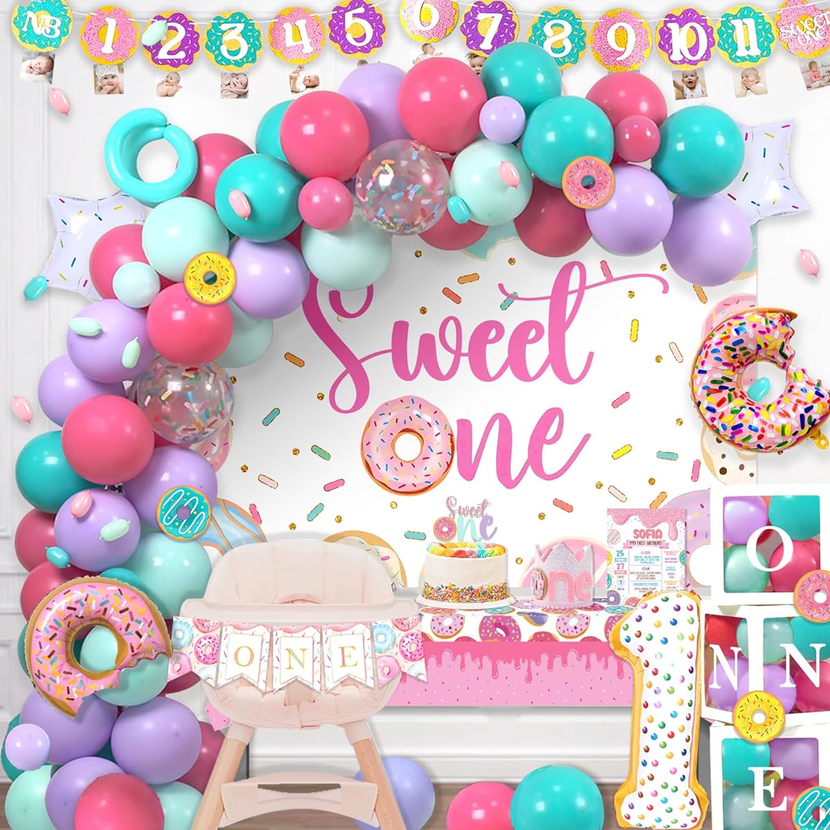 Fiesec 1st Birthday Party Decorations, 127 Pieces Donut 1st Party Decorations for Girls Backdrop, Balloons, Garland, Monthly Photo, Highchair, Banner, Tablecloth, Cake Topper, Box, Cutouts, Crown Poster