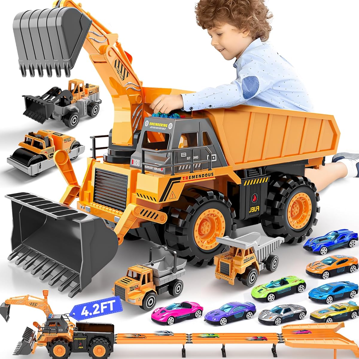 Construction Truck Toy with 4.2ft Race Track Toy Truck Car Boys Birthday Gift Truck Sound Excavator Bulldozing Toy (Includes 8 Race Cars + 4 Small Construction Vehicles)