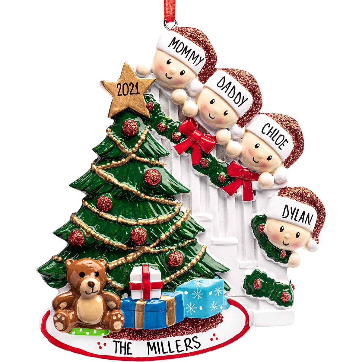 UniqXmas Christmas Ornament Family of 4 Peeking - Free Handwritten Customization | Happy Parents Gift for Children's Friends Christmas Tree Peeking | Customized Unique Keepsake