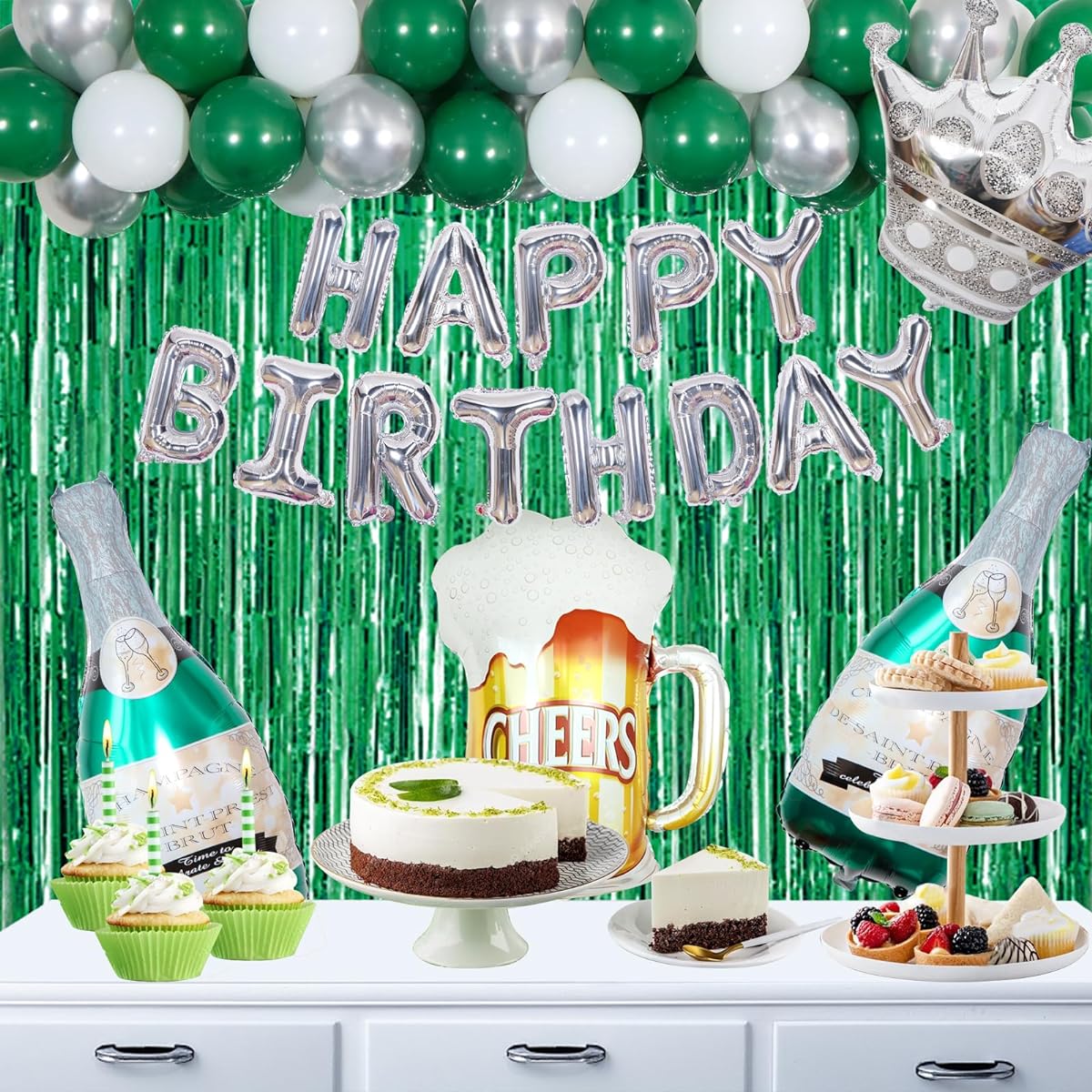 Green and White Happy Birthday Decorations Men's Balloon Arch Kit