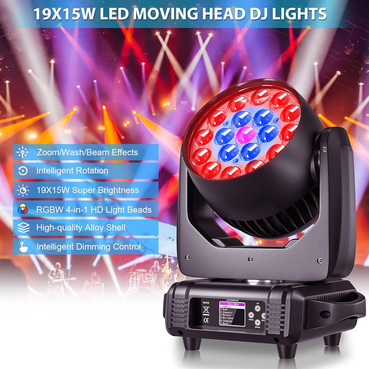 HOLDLAMP Moving Head Light 19x15W RGBW 4-in-1 LED Stage Par Light with Zoom&Beam&Wash Effects Sound Activated Automatic DMX Control for Wedding DJ Disco Party Nightclub Showbar (1 Pack)