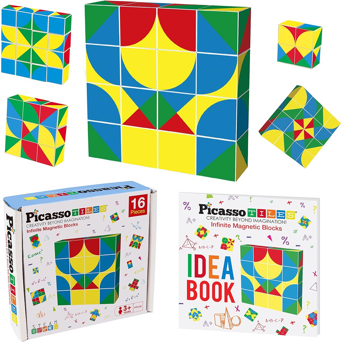 PicassoTiles 16 Piece Infinite Magnetic Puzzle Game Magic Pixie Cube Puzzle Brain Teaser Set with Free Idea Book Kids Toys Magnetic Pattern Blocks Matching Cards Challenge Toy Inspirational STEM Learning PTC16